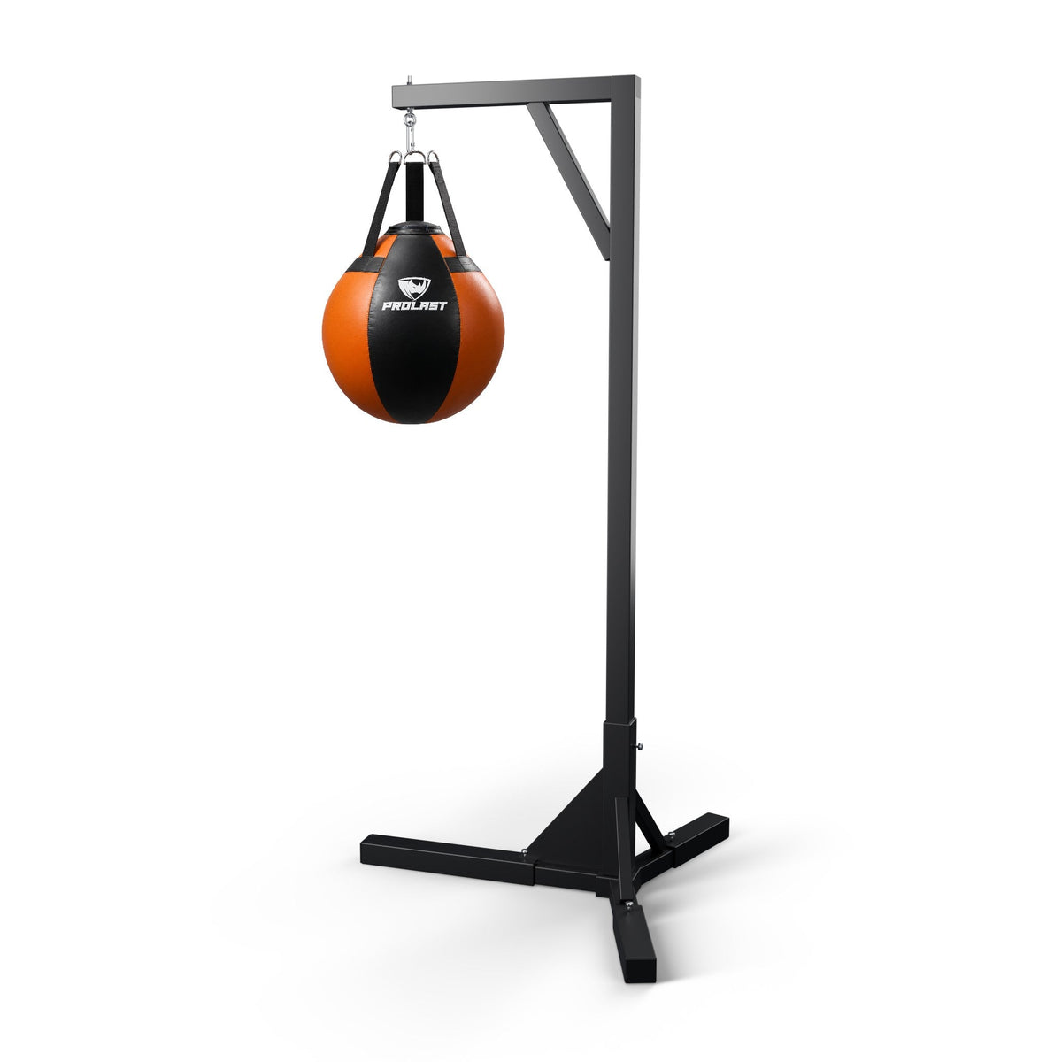 PROLAST black and orange wrecking ball heavy bag hanging from a PROLAST single bag stand on a steel snap hook (stand sold separately)