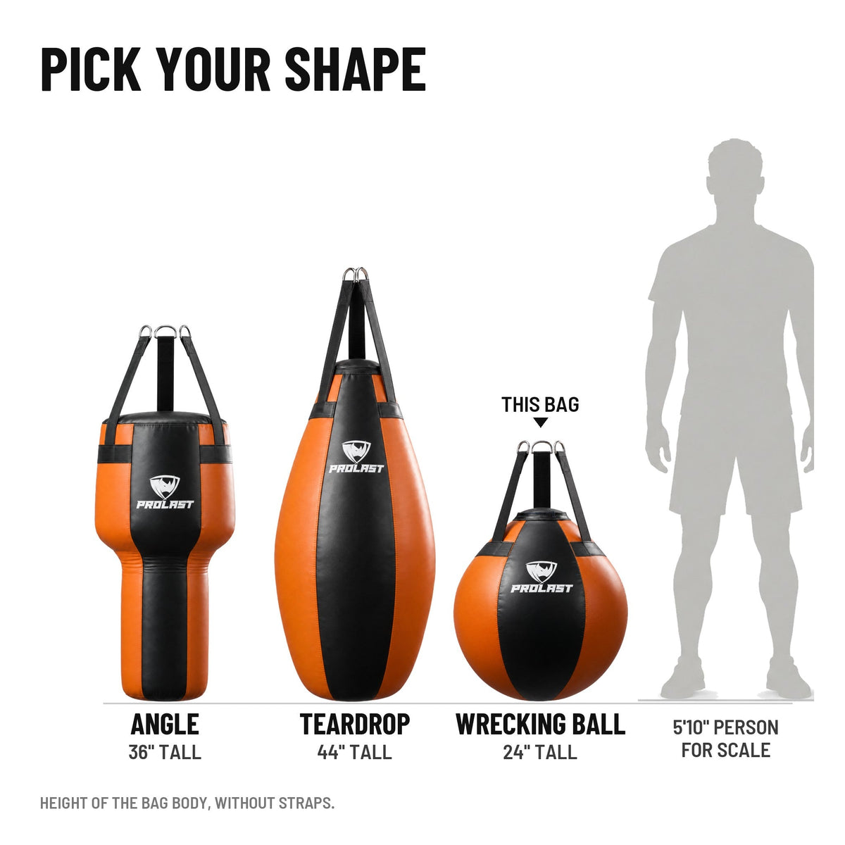 PROLAST angle, teardrop and wrecking ball bags in black and orange, to scale next to a 5 ft 10 in person