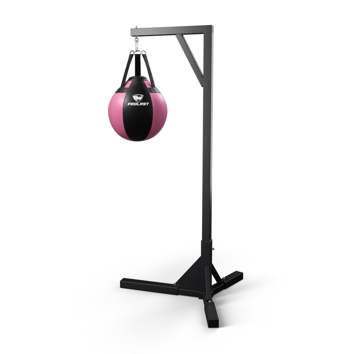 PROLAST black and pink wrecking ball heavy bag hanging from a PROLAST single bag stand on a steel snap hook (stand sold separately)