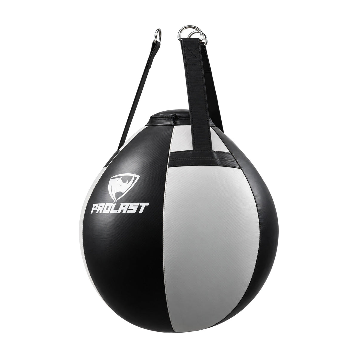 PROLAST black and white wrecking ball heavy bag turned to show a side panel