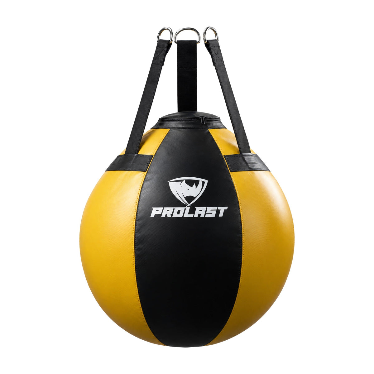 PROLAST black and yellow wrecking ball heavy bag, front