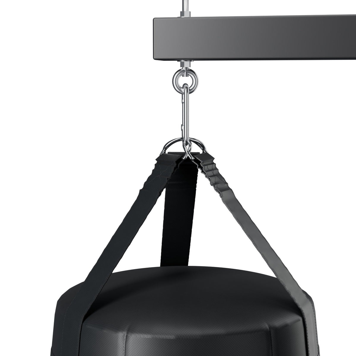 Close-up: the angle bag's straps and D-rings on a steel snap hook from the stand's eye bolt