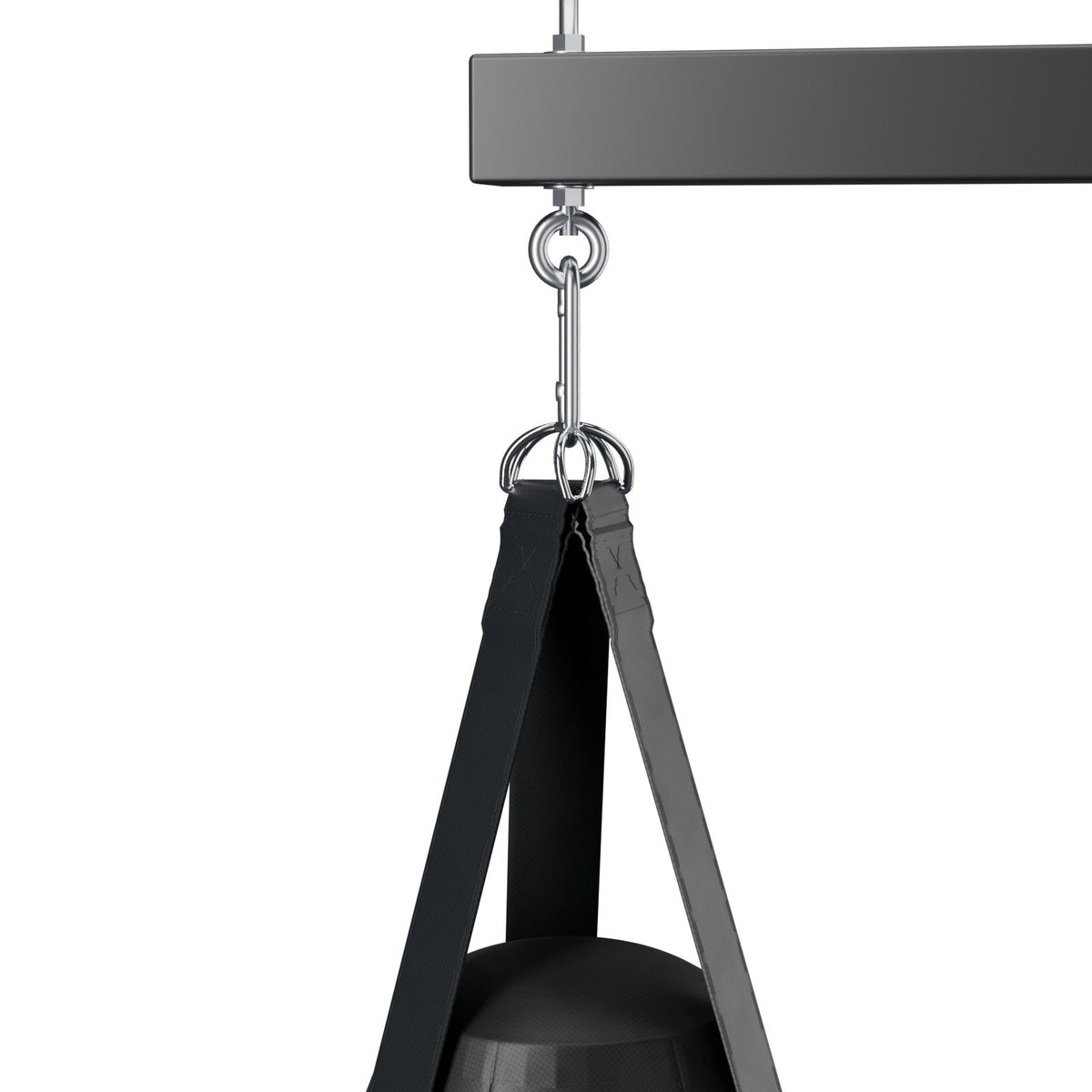 Close-up: the teardrop bag's straps and D-rings on a steel snap hook from the stand's eye bolt