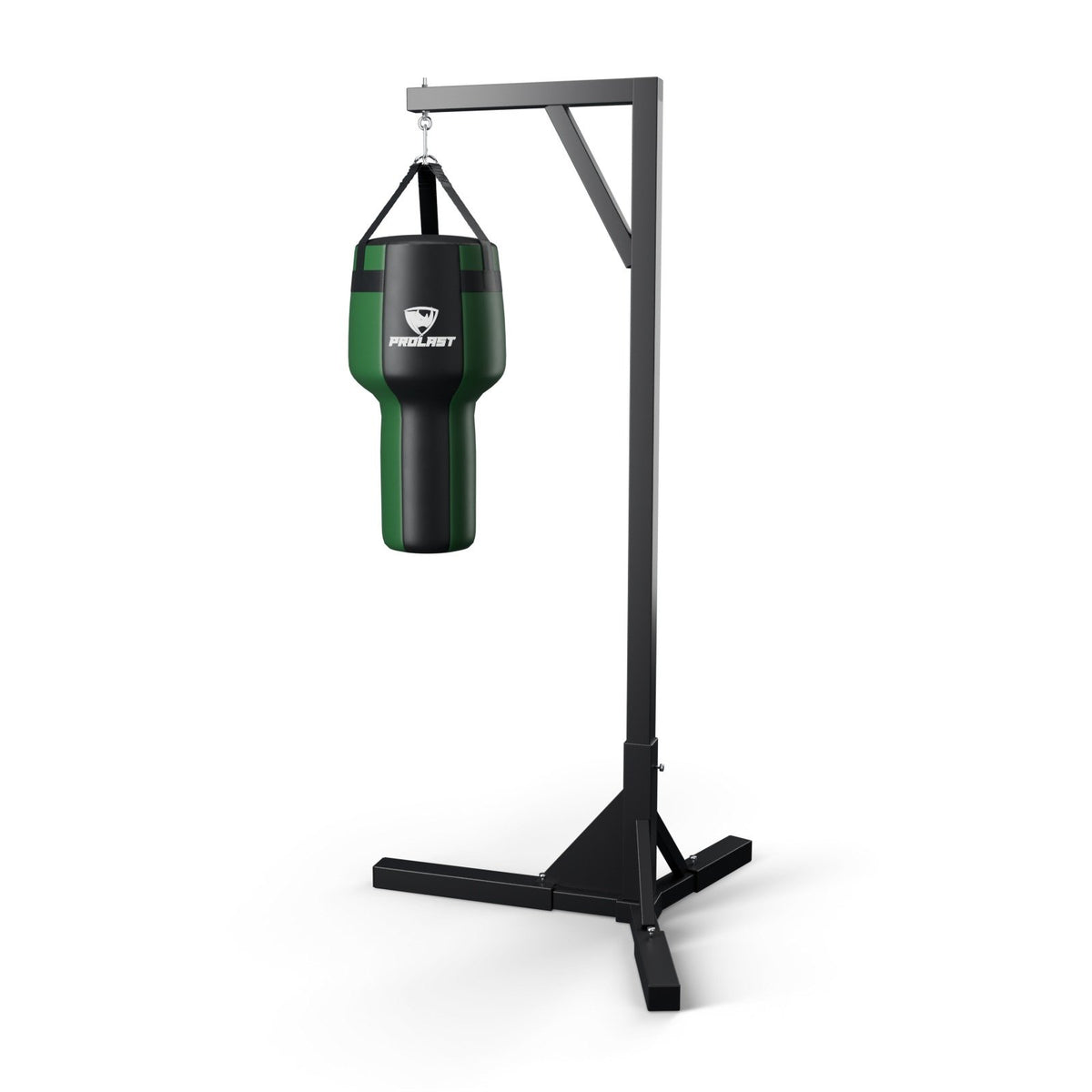 This angle bag hanging from a PROLAST single bag stand on a steel snap hook through its D-rings (stand sold separately)