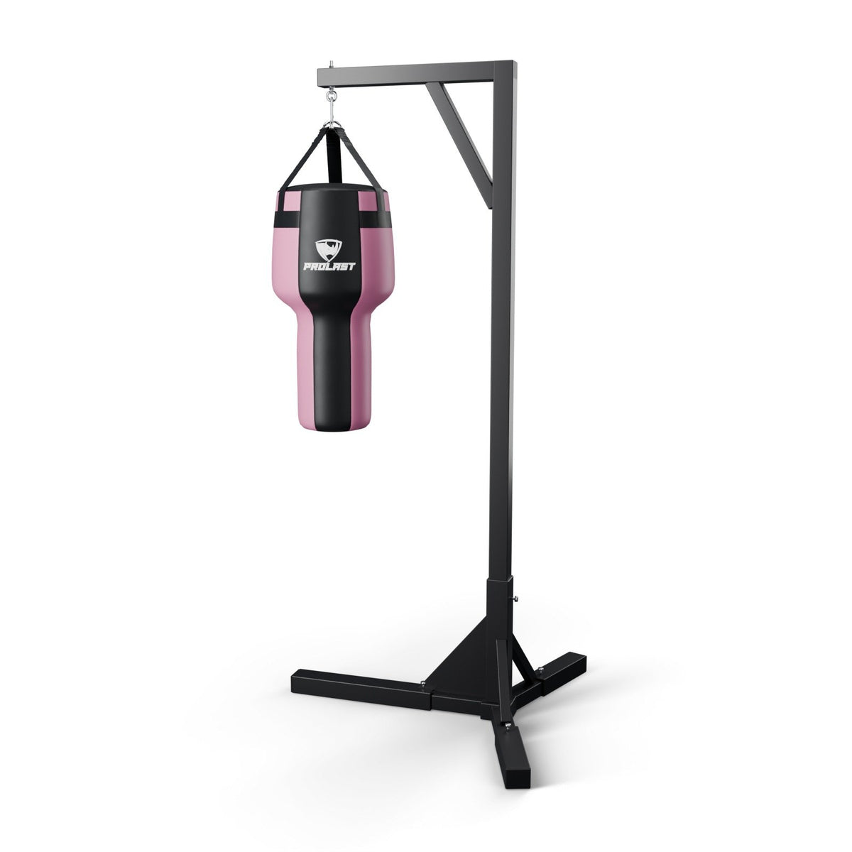 This angle bag hanging from a PROLAST single bag stand on a steel snap hook through its D-rings (stand sold separately)