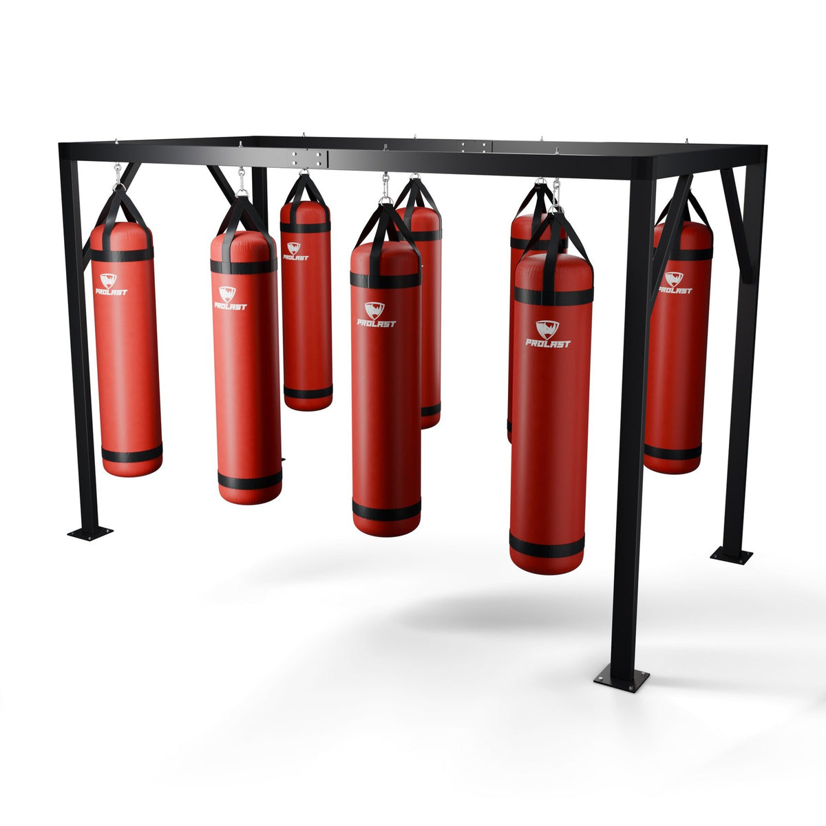 This gym stand with eight red PROLAST heavy bags hanging from it on steel snap hooks through their D-rings (bags sold separately)