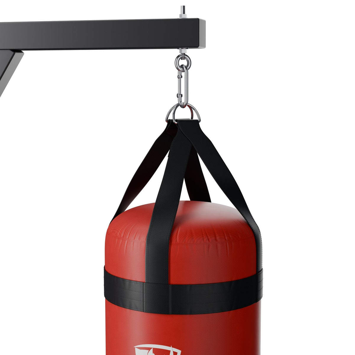 Close-up: a red PROLAST heavy bag on a steel snap hook from the eye bolt under the arm, its straps rising in a V to the D-rings
