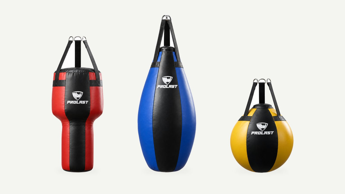 PROLAST angle uppercut, teardrop and wrecking ball heavy bags side by side at true scale