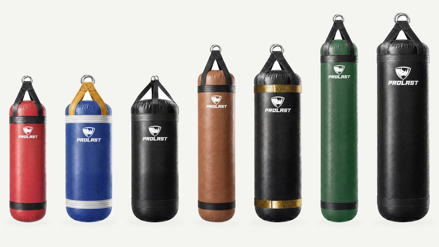 The seven PROLAST stock heavy bag sizes side by side at true scale, from 4 ft 80 lb to 6 ft XL 300 lb