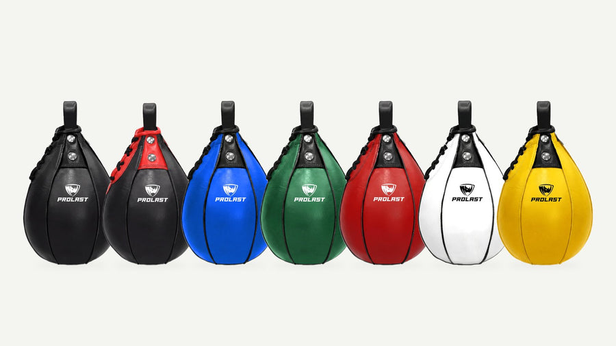 PROLAST leather speed bags in black, black and red, blue, green, red, white and yellow, side by side