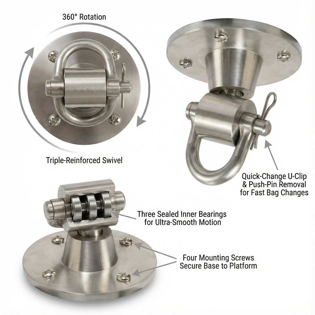 PROLAST speed bag swivel: 360° rotation, triple-reinforced swivel, three sealed bearings, quick-change U-clip, four mounting screws