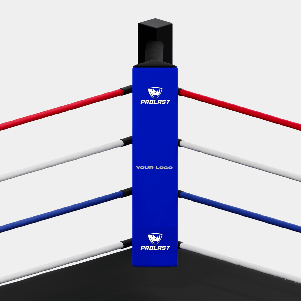 PROLAST custom boxing ring corner pad mockup in blue with a YOUR LOGO space between two PROLAST logos