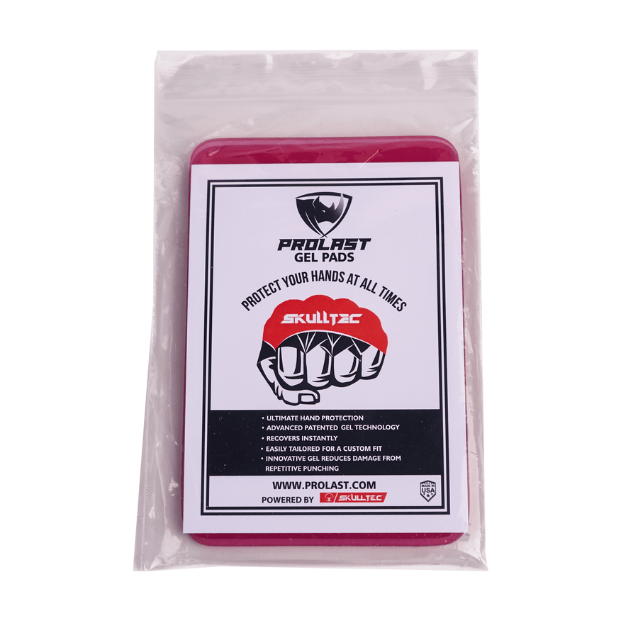PROLAST x Skulltec gel knuckle guards in pink, sealed in their PROLAST gel pads pack