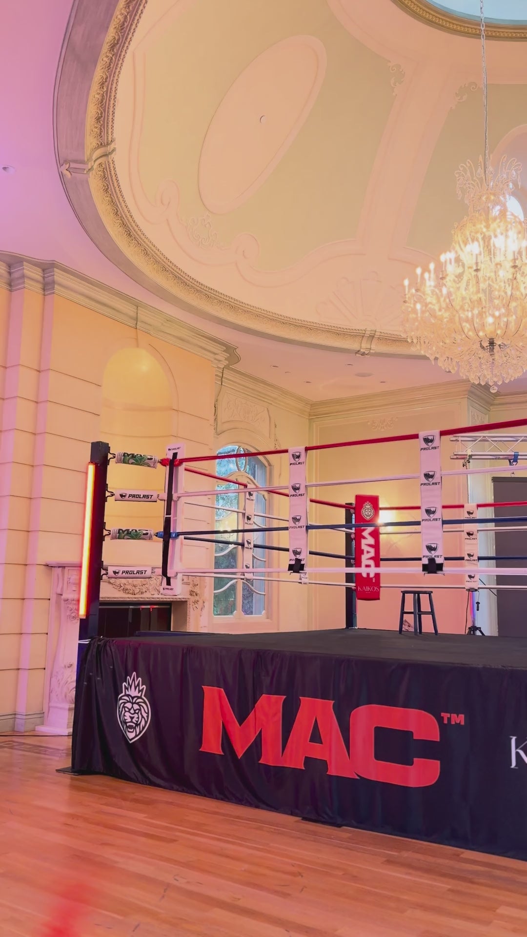 PROLAST boxing ring in a ballroom with a printed skirt