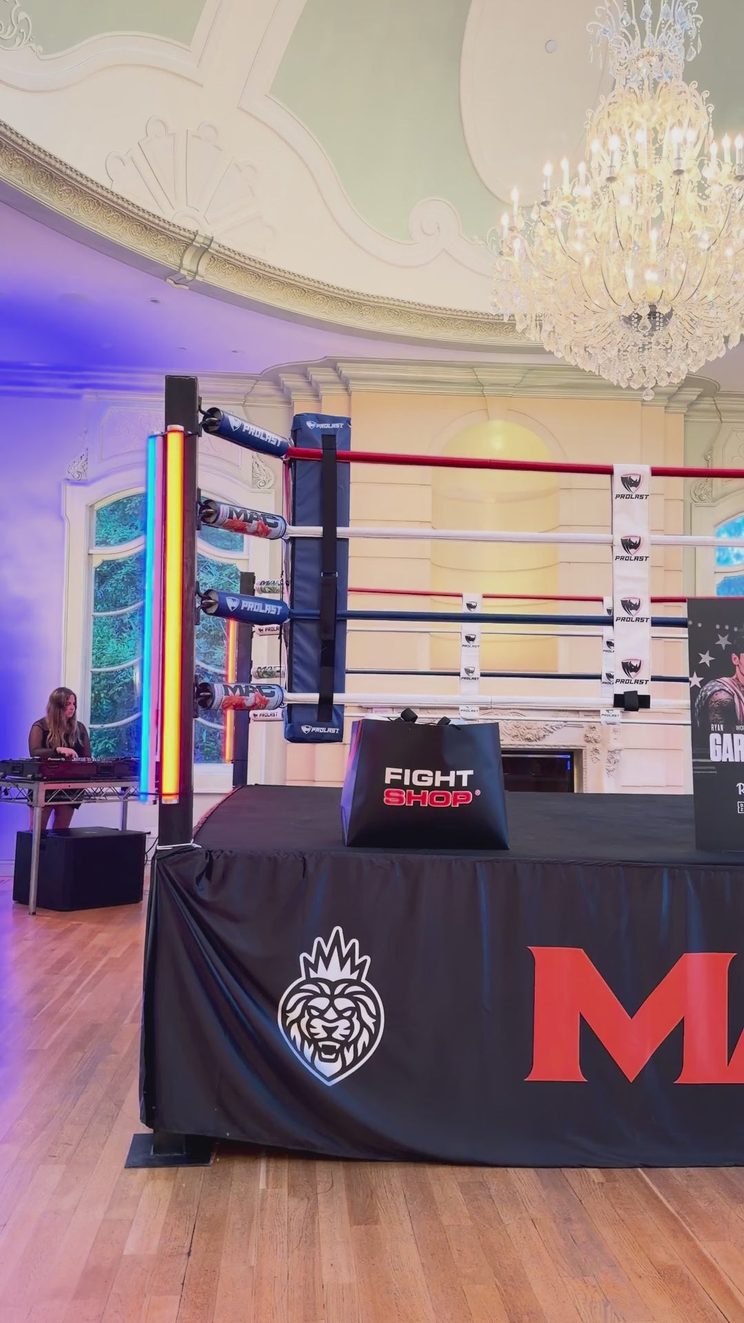 PROLAST boxing ring with PROLAST rope spacers in a ballroom