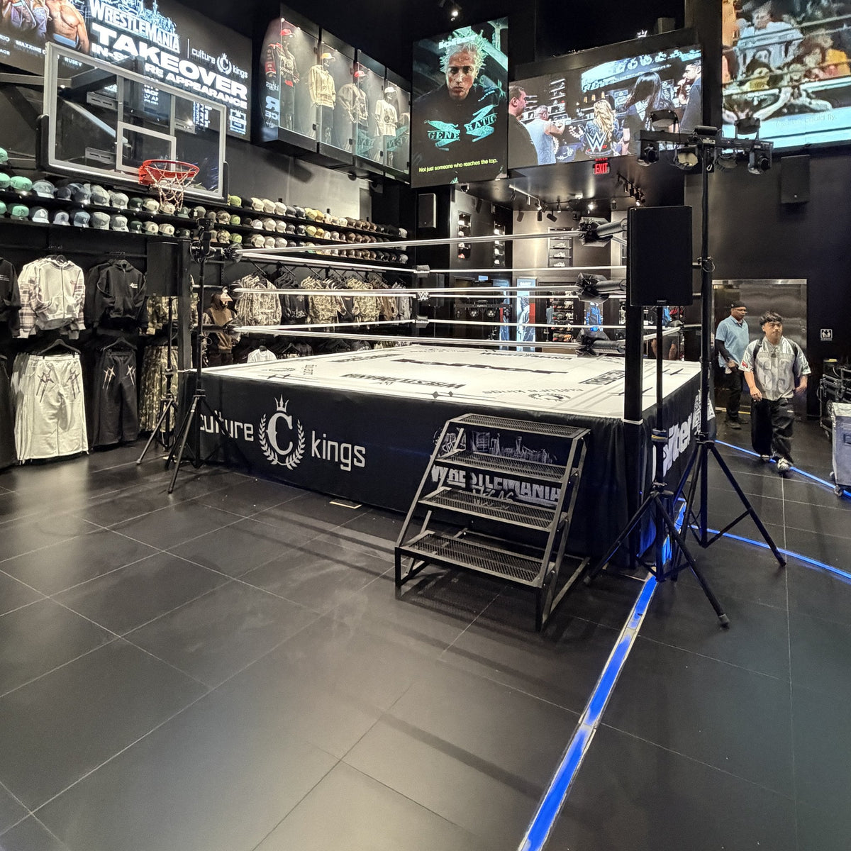 PROLAST boxing ring with stairs and a printed skirt in a clothing store
