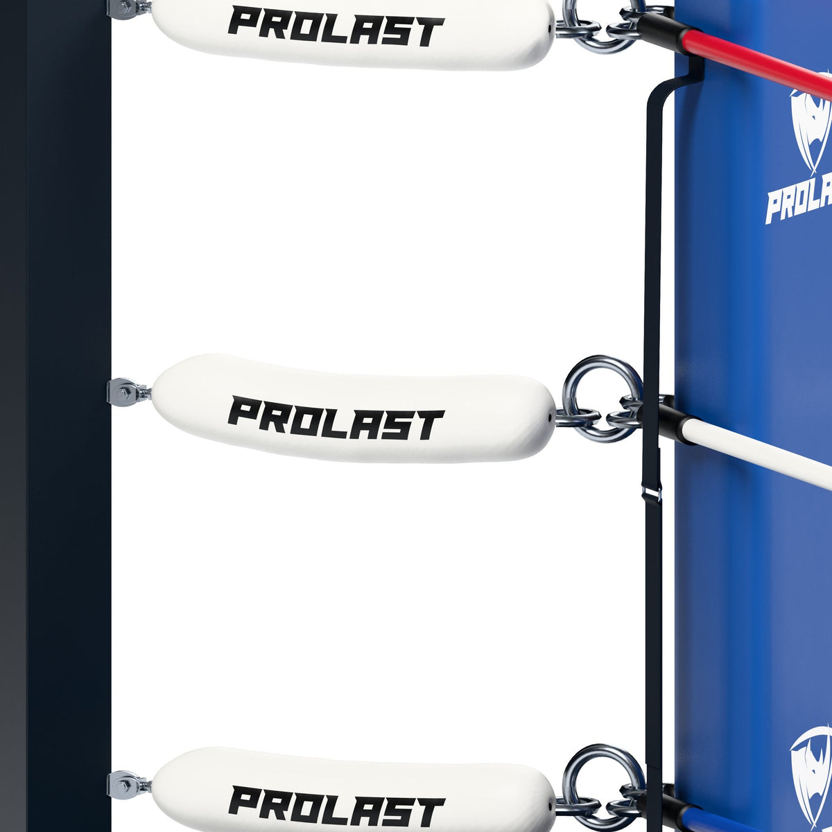 PROLAST turnbuckle covers and steel rings on a floor boxing ring corner