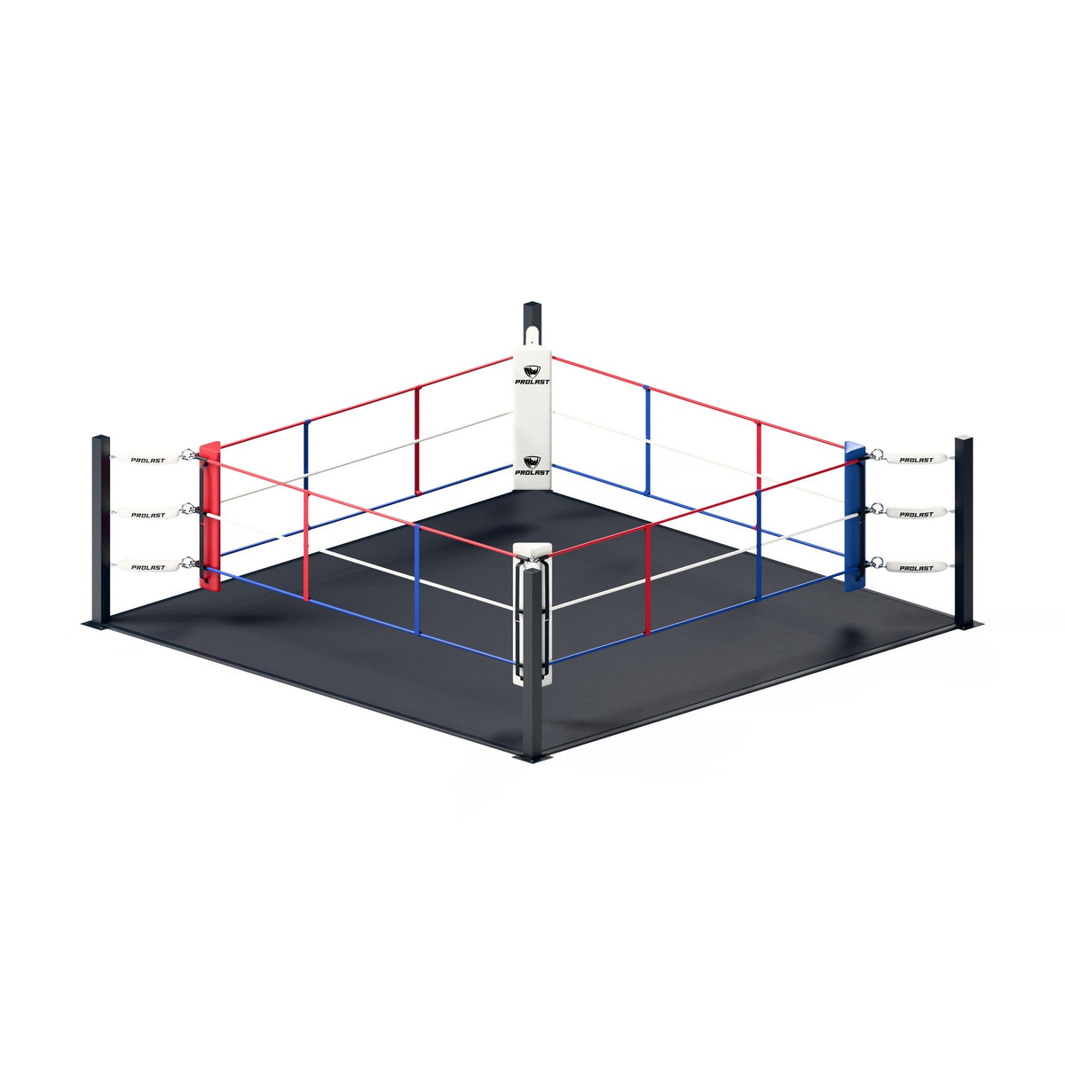 PROLAST floor boxing ring with red, white and blue ropes, PROLAST turnbuckle covers and corner pads on a black canvas