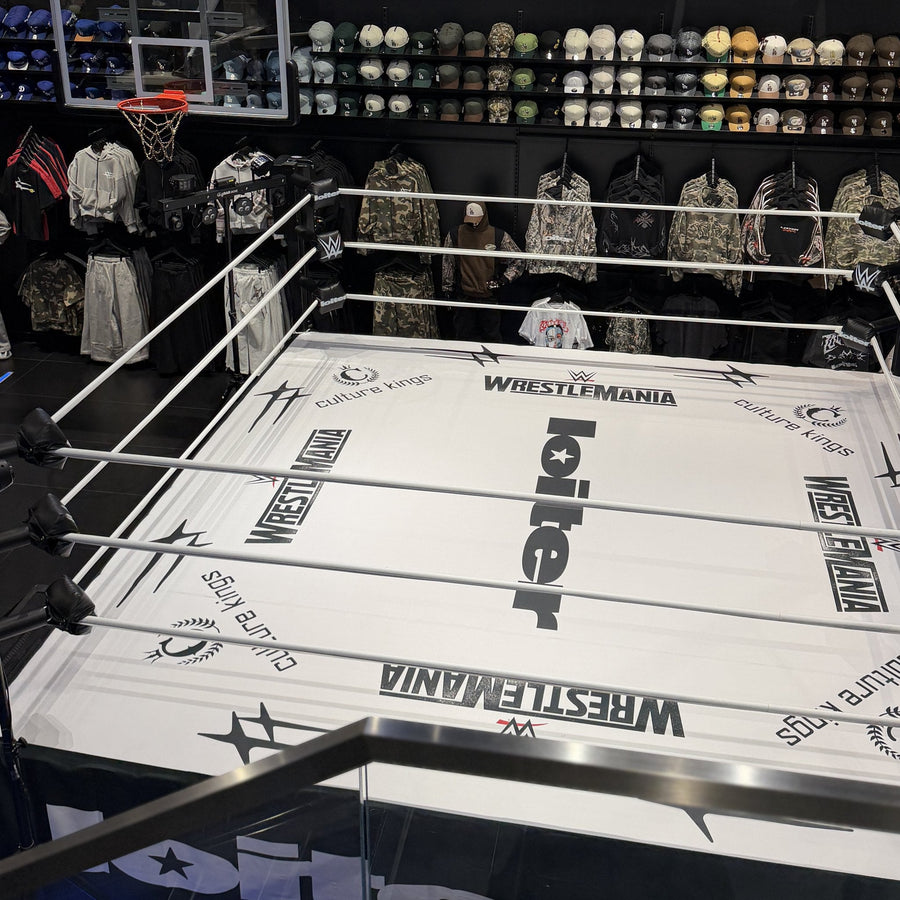 PROLAST boxing ring with white ropes and a printed canvas, seen from a balcony