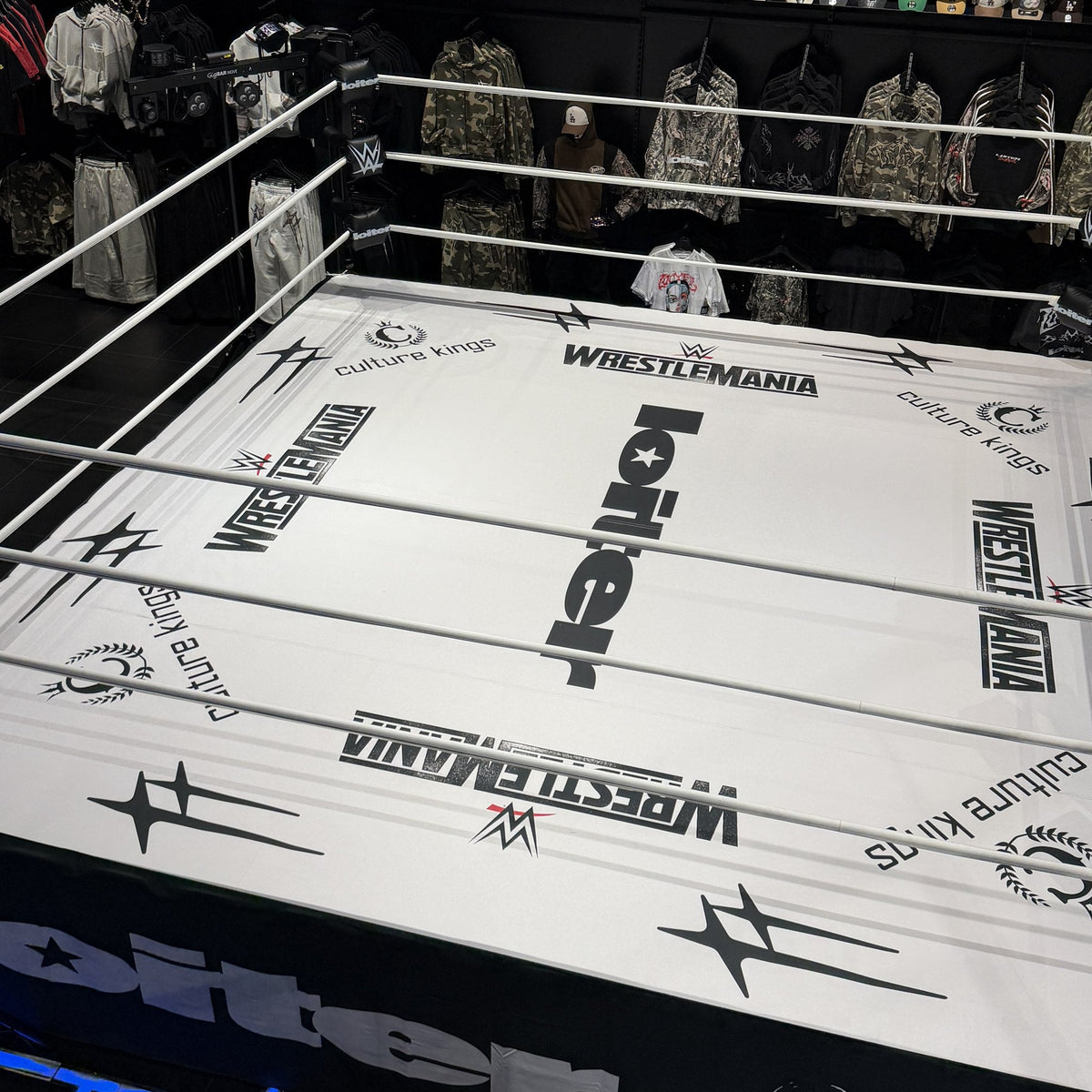 PROLAST boxing ring with a white printed canvas and white ropes