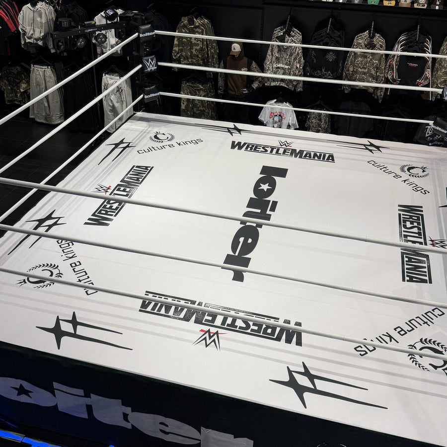 PROLAST boxing ring with a white printed canvas and white ropes
