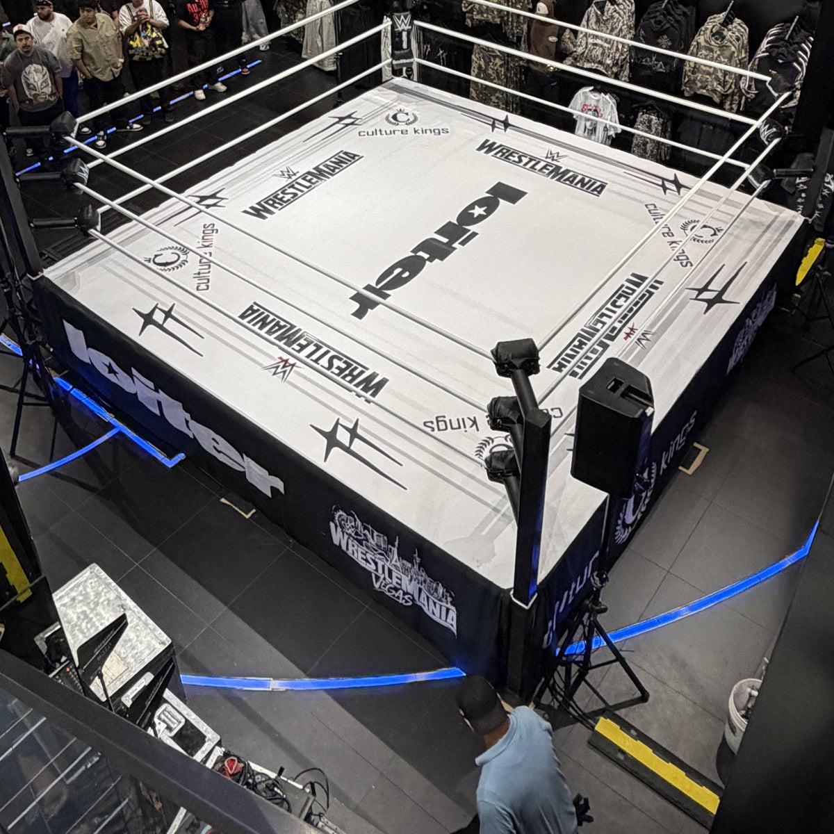PROLAST boxing ring in a store with stairs, seen from above