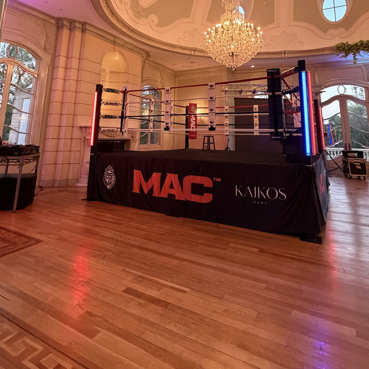 PROLAST boxing ring in a ballroom with a printed skirt