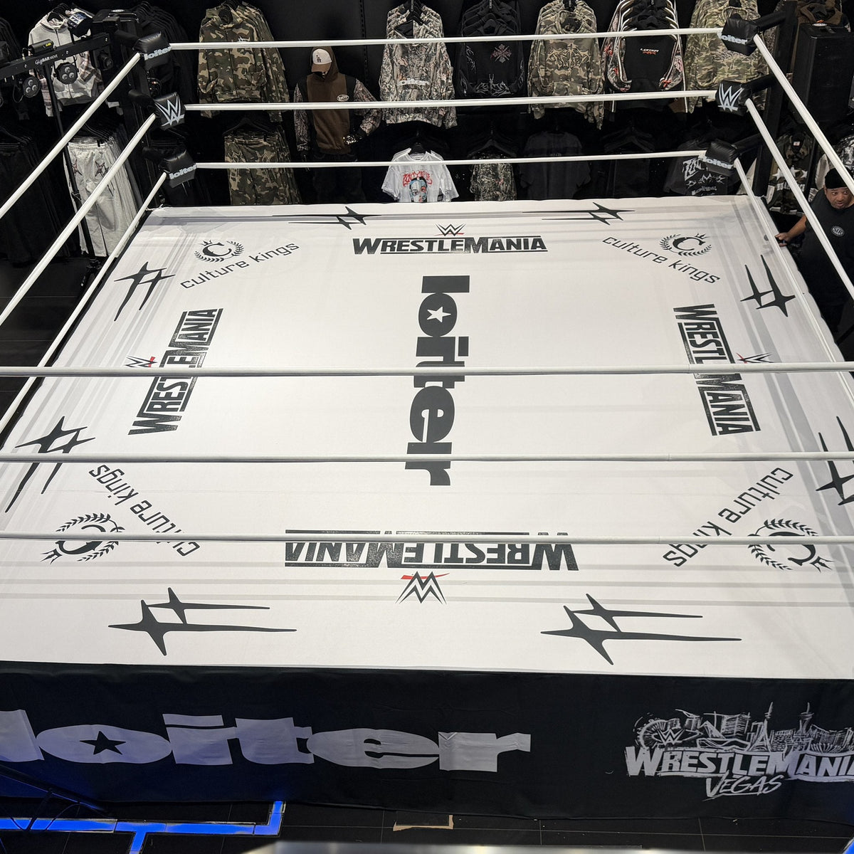 PROLAST boxing ring with a white printed canvas, seen from above
