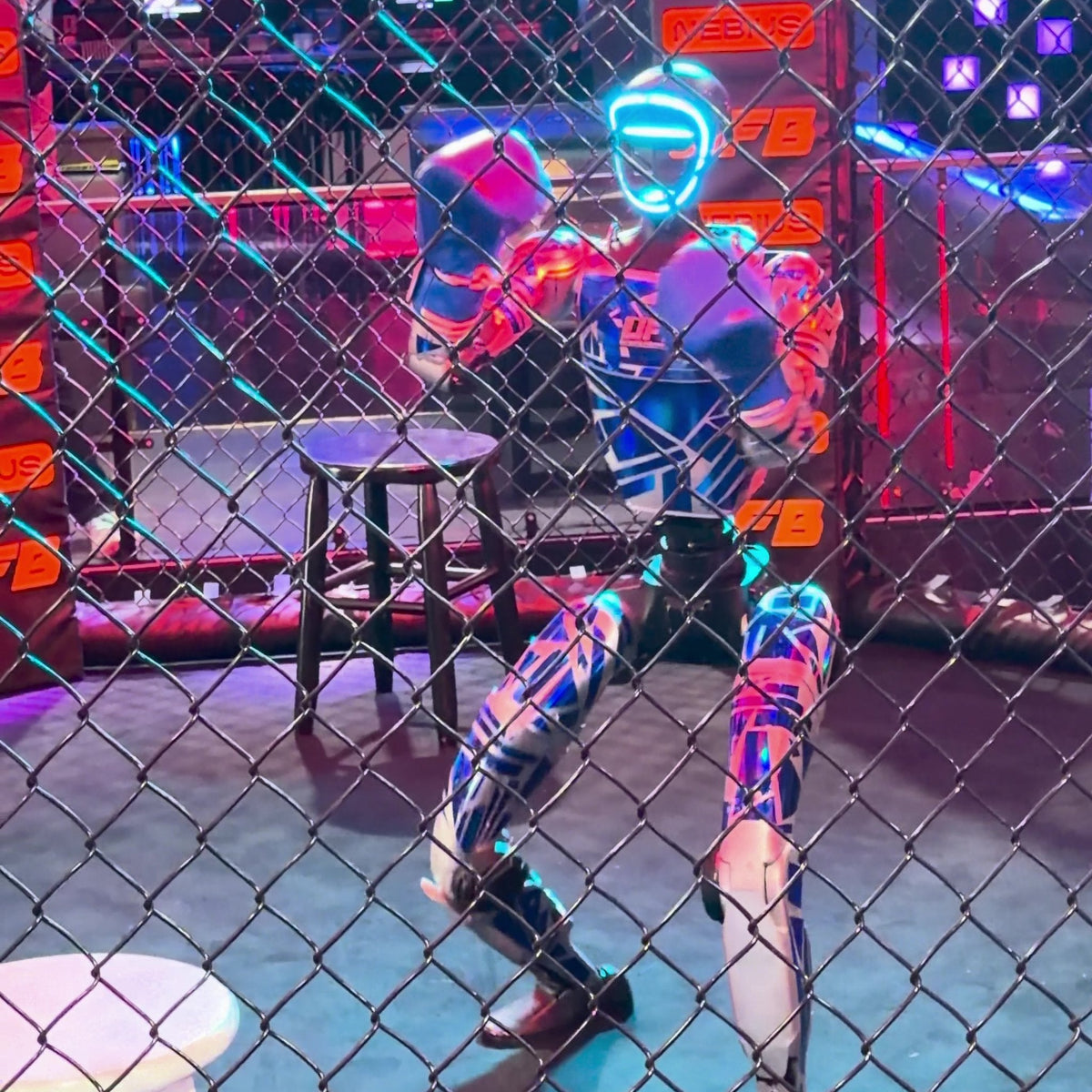 A humanoid robot boxing inside a PROLAST MMA cage
