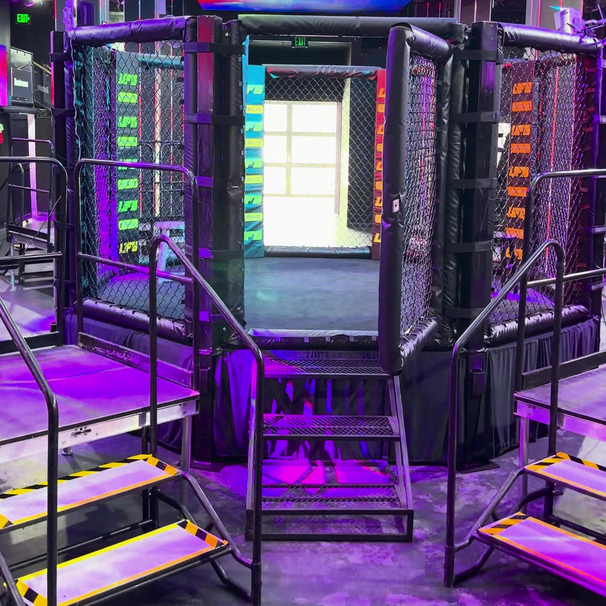 PROLAST MMA cage with stairs at a robot fight night