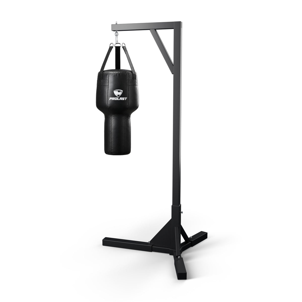 PROLAST all black angle heavy bag hanging from a PROLAST single bag stand on a steel snap hook (stand sold separately)