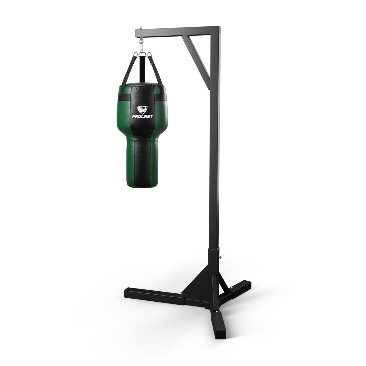 PROLAST black and green angle heavy bag hanging from a PROLAST single bag stand on a steel snap hook (stand sold separately)