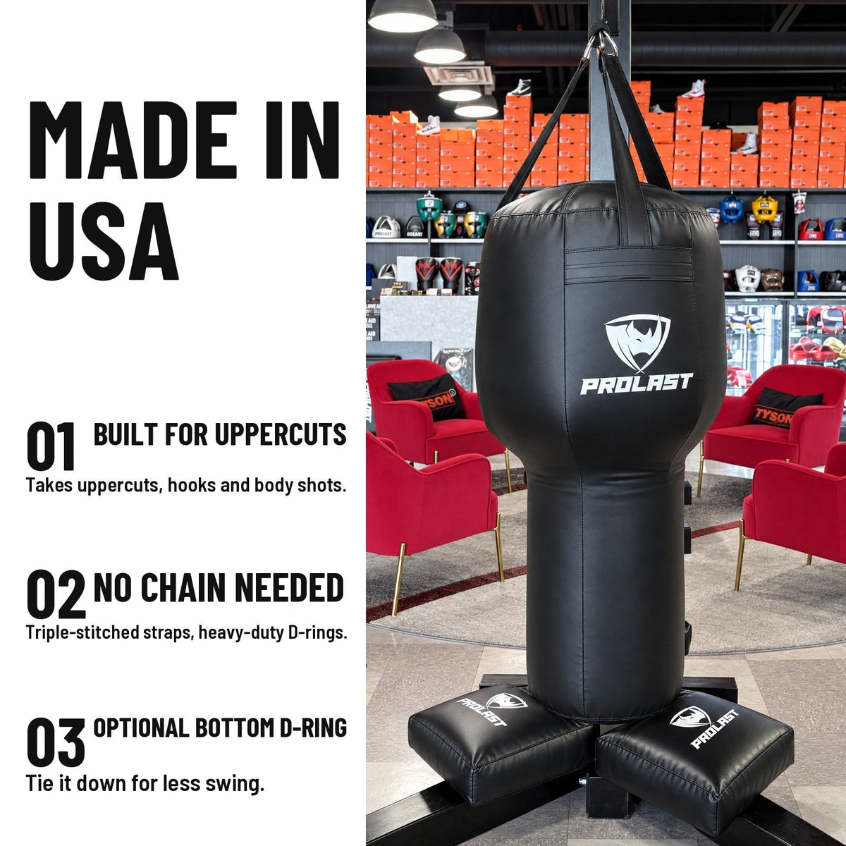 PROLAST angle heavy bag: made in USA, triple-stitched straps and heavy-duty D-rings, no chain needed