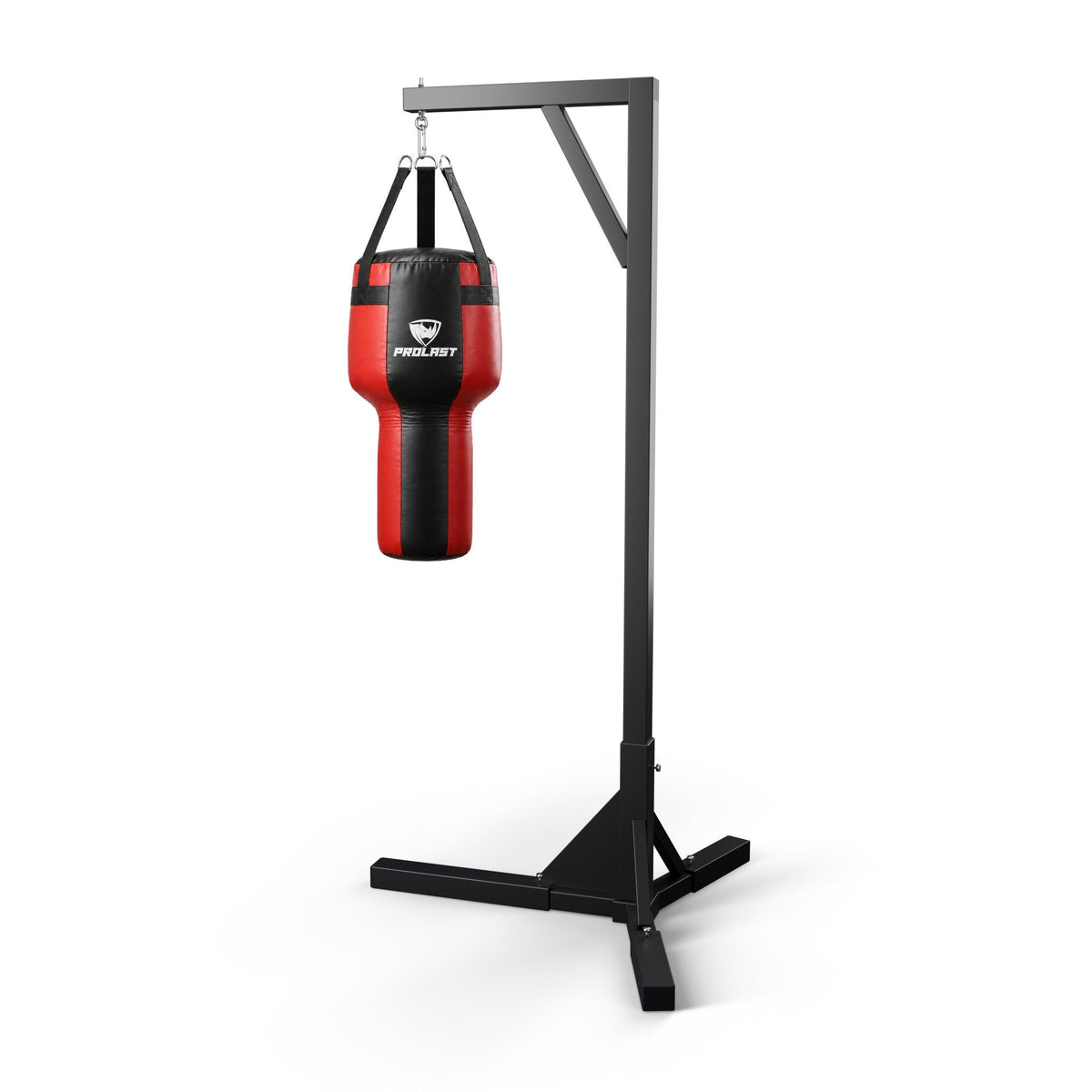 PROLAST black and red angle heavy bag hanging from a PROLAST single bag stand on a steel snap hook (stand sold separately)