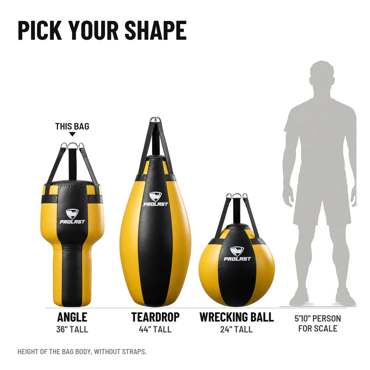PROLAST angle, teardrop and wrecking ball bags in black and yellow, to scale next to a 5 ft 10 in person