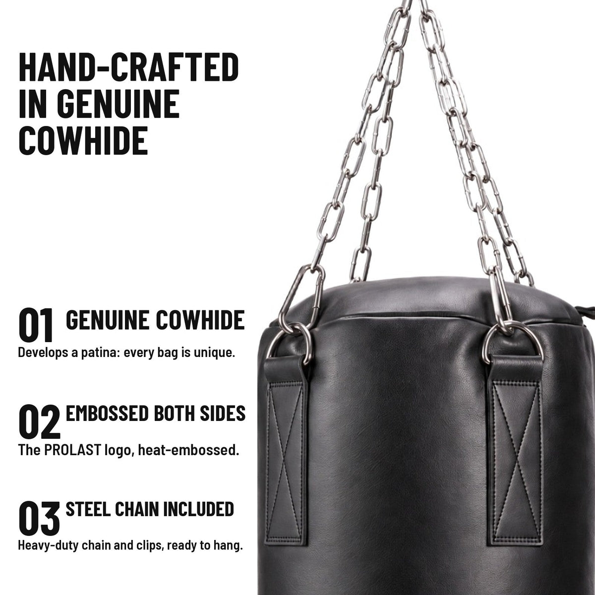 Hand-crafted in genuine cowhide: heat-embossed PROLAST logo on both sides, stainless steel chain and clips included
