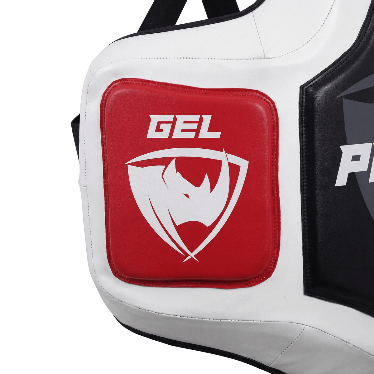 PROLAST Platinum gel boxing body protector in white and black, close-up of the red GEL side pad with the rhino logo
