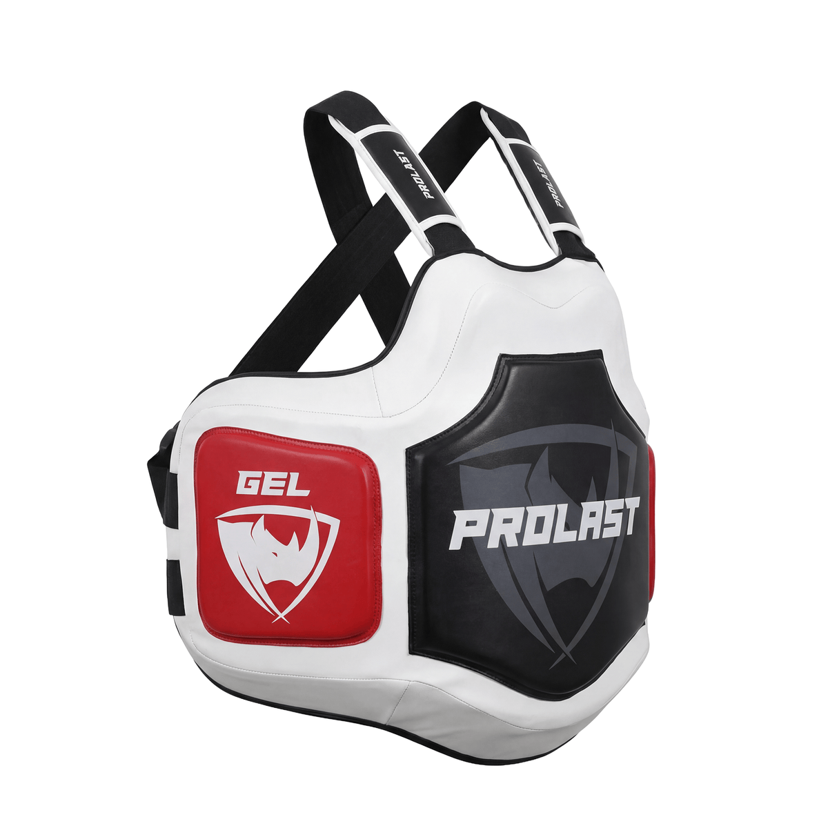 PROLAST Platinum gel boxing body protector in white and black, angled view from the other side