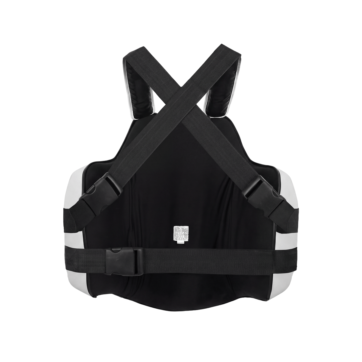 PROLAST Platinum gel boxing body protector in white and black, back view with crossed straps and waist strap