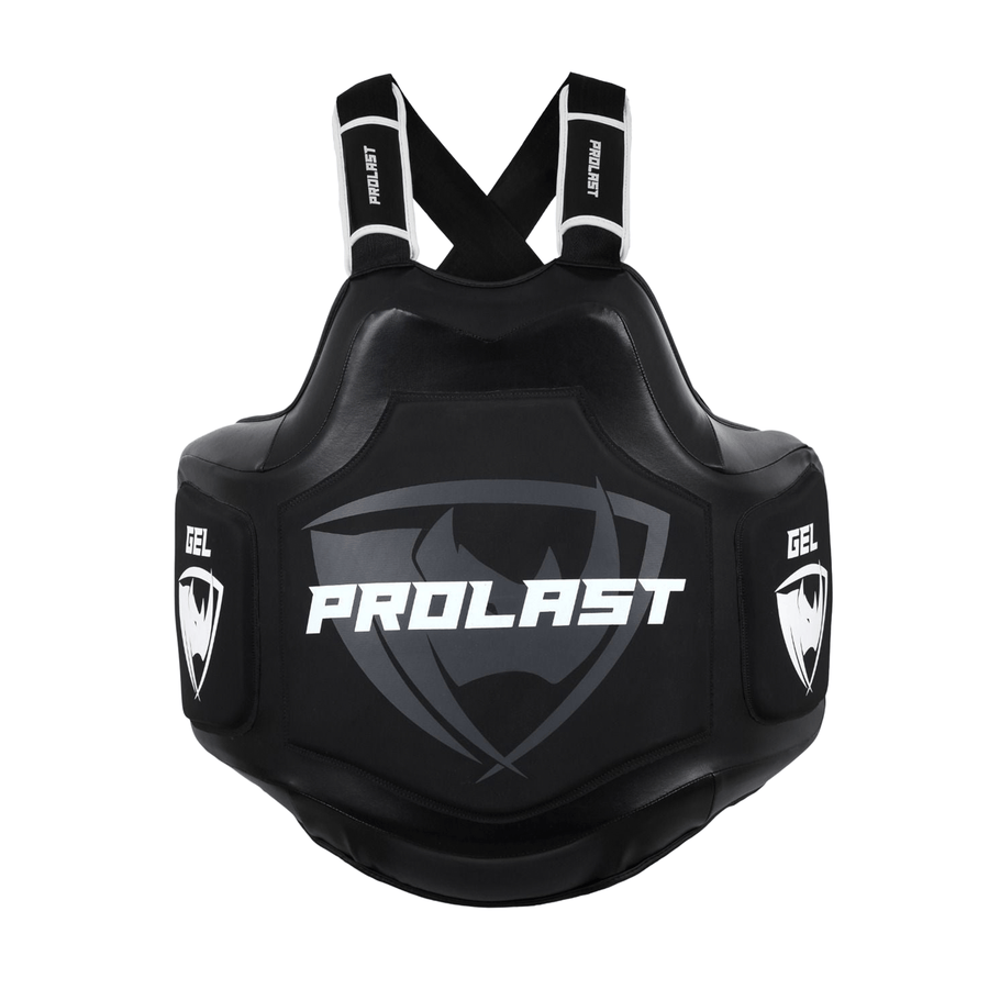 PROLAST Platinum gel boxing body protector in all black, front view with white PROLAST lettering and GEL side pads