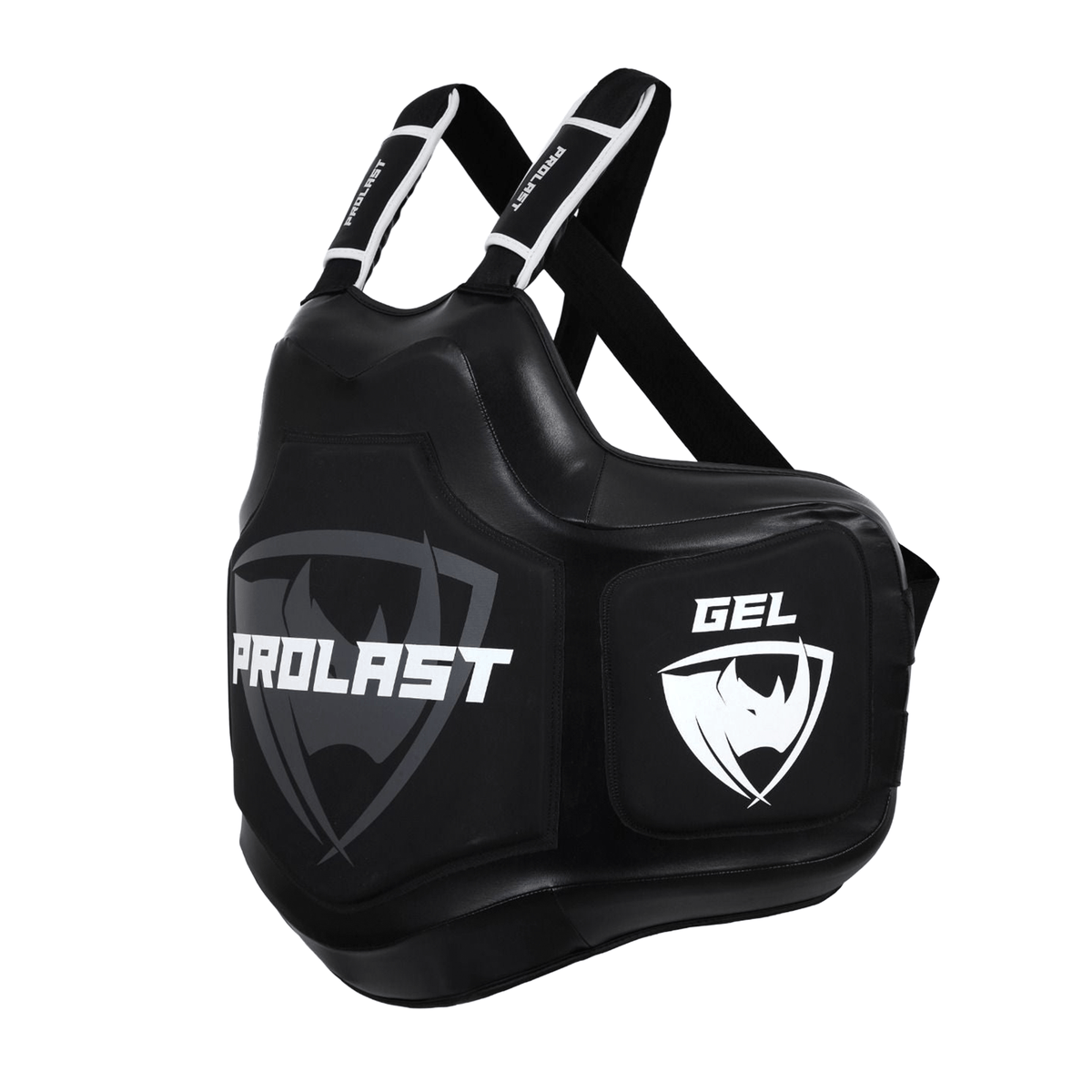 PROLAST Platinum gel boxing body protector in black, angled view from the other side