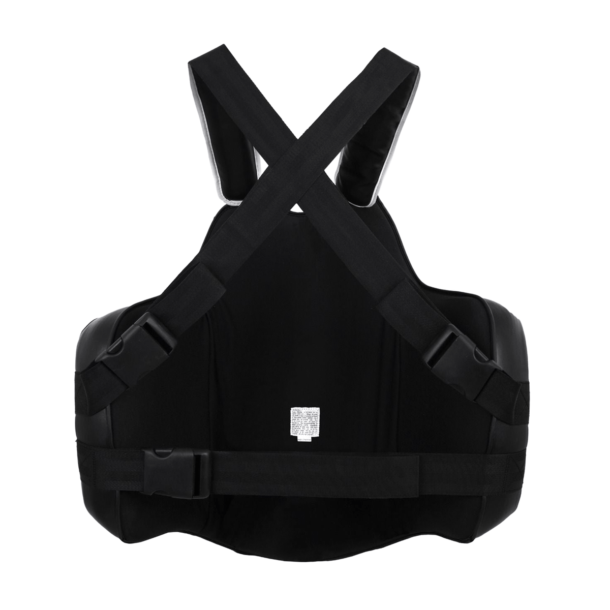 PROLAST Platinum gel boxing body protector in black, back view with crossed straps and waist strap