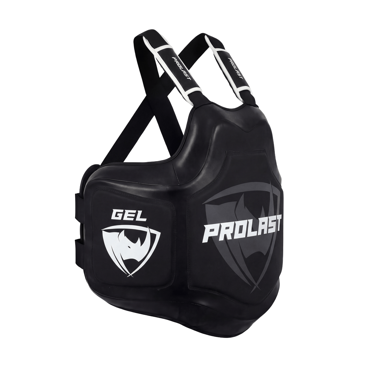 PROLAST Platinum gel boxing body protector in black, angled view of the GEL side pad and shoulder straps
