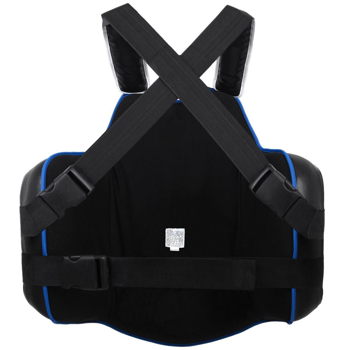 PROLAST Platinum gel boxing body protector in black and blue, back view with crossed straps and waist buckle