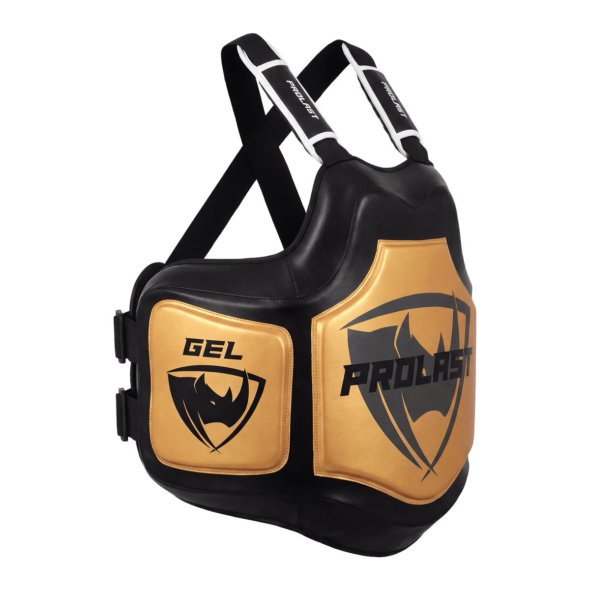 PROLAST Platinum gel boxing body protector in black and gold, angled view from the other side