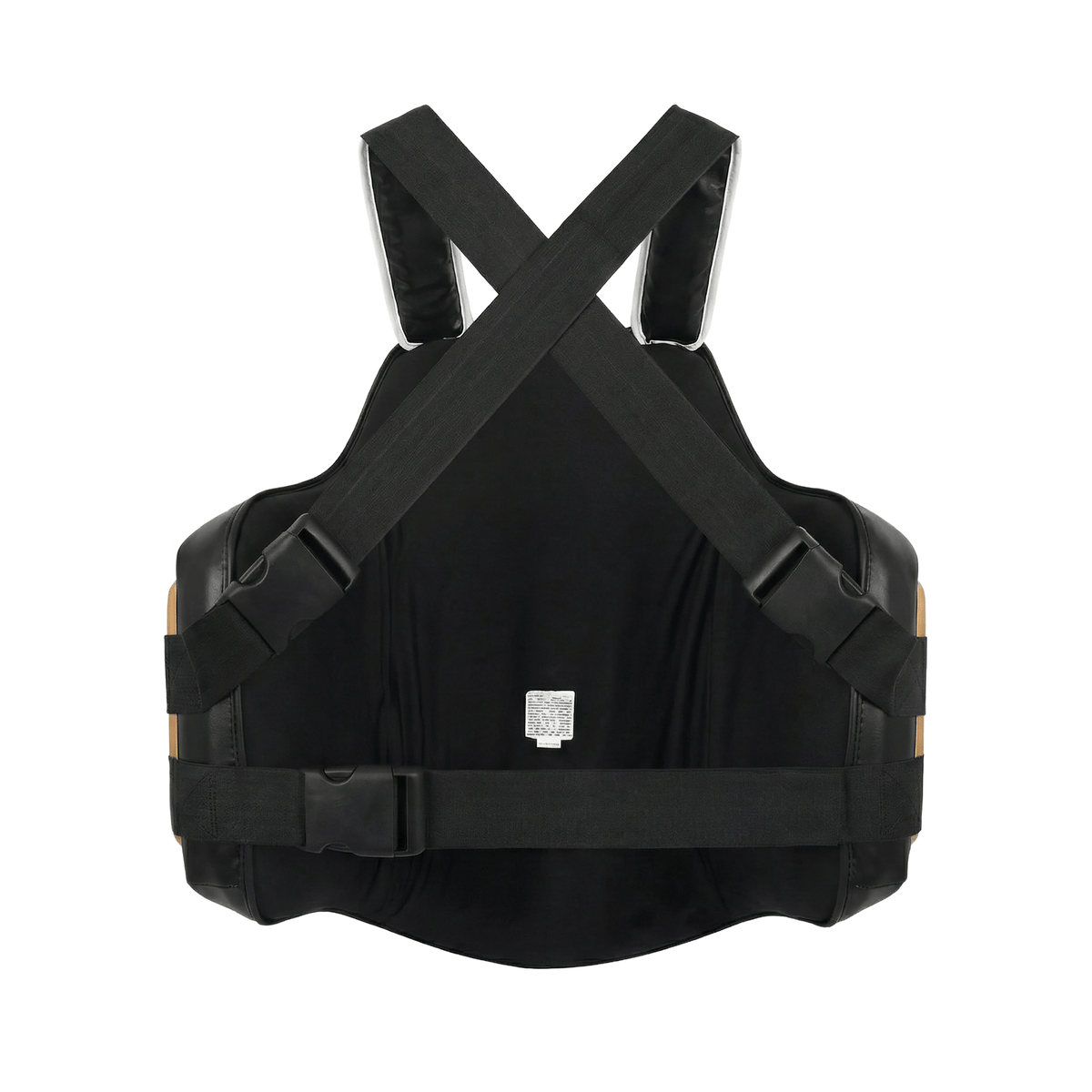 PROLAST Platinum gel boxing body protector in black and gold, back view with crossed straps and waist strap