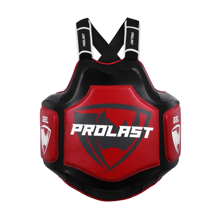 PROLAST Platinum gel boxing body protector in black and red, front view with the red PROLAST panel and GEL side pads