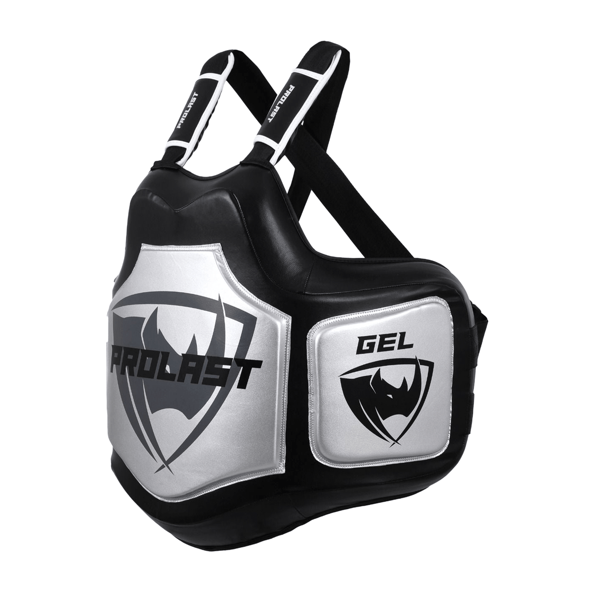 PROLAST Platinum gel boxing body protector in black and silver, angled view of the silver GEL side pad