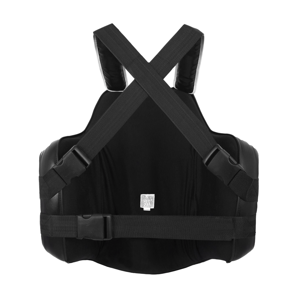 PROLAST Platinum gel boxing body protector in black and silver, back view with crossed straps and waist strap