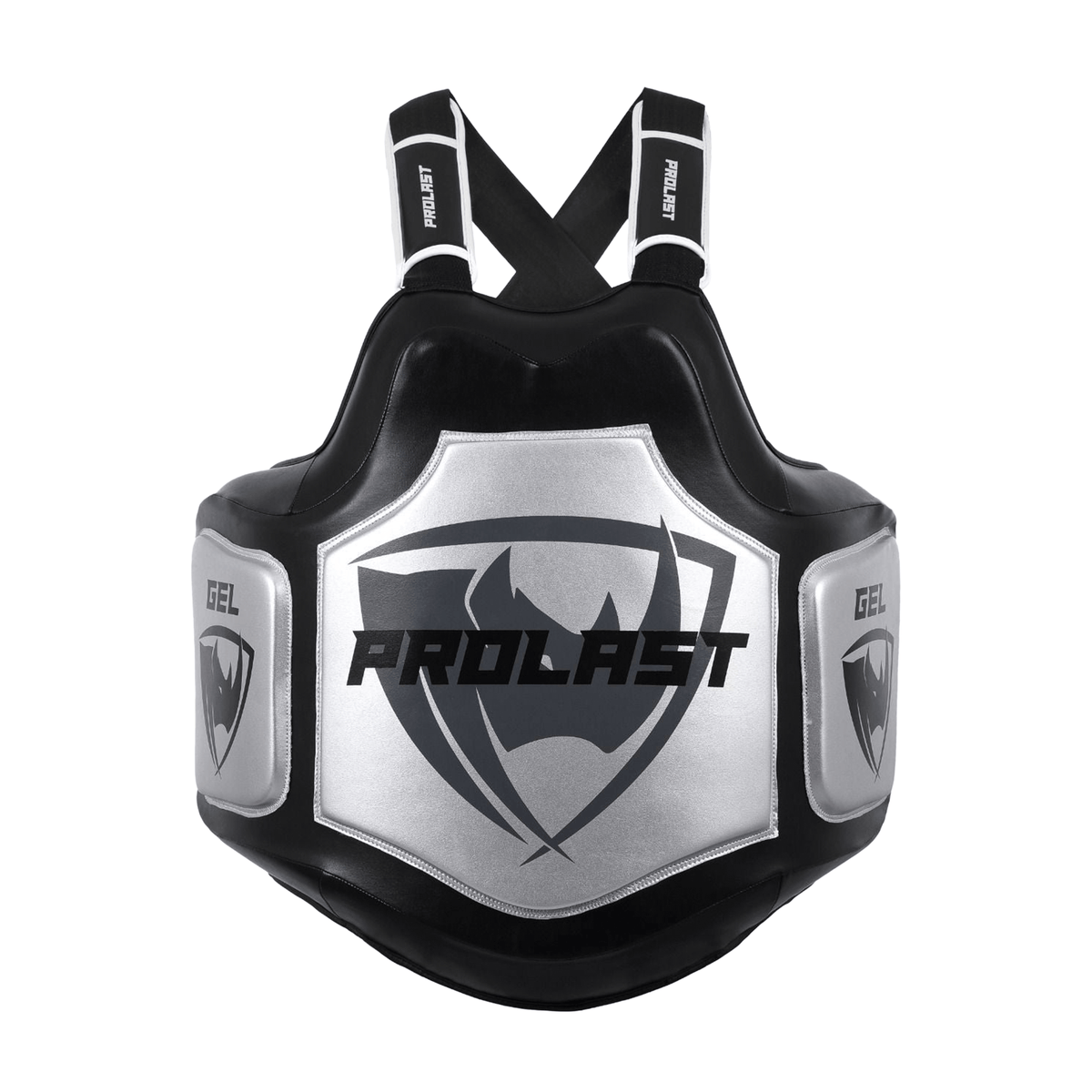 PROLAST Platinum gel boxing body protector in black and silver, front view with the silver PROLAST panel and GEL side pads